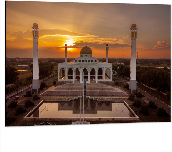 Dibond - Central Mosque of Songkhla Province in Thailand tijdens Zonsondergang - 100x75 cm Foto op Aluminium (Wanddecoratie van metaal)