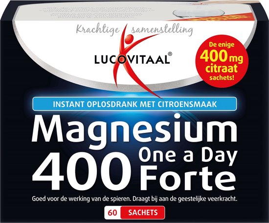 Verpakking van Lucovitaal Magnesium 400 Forte, instant oplosdrank met citroensmaak. 60 sachets.