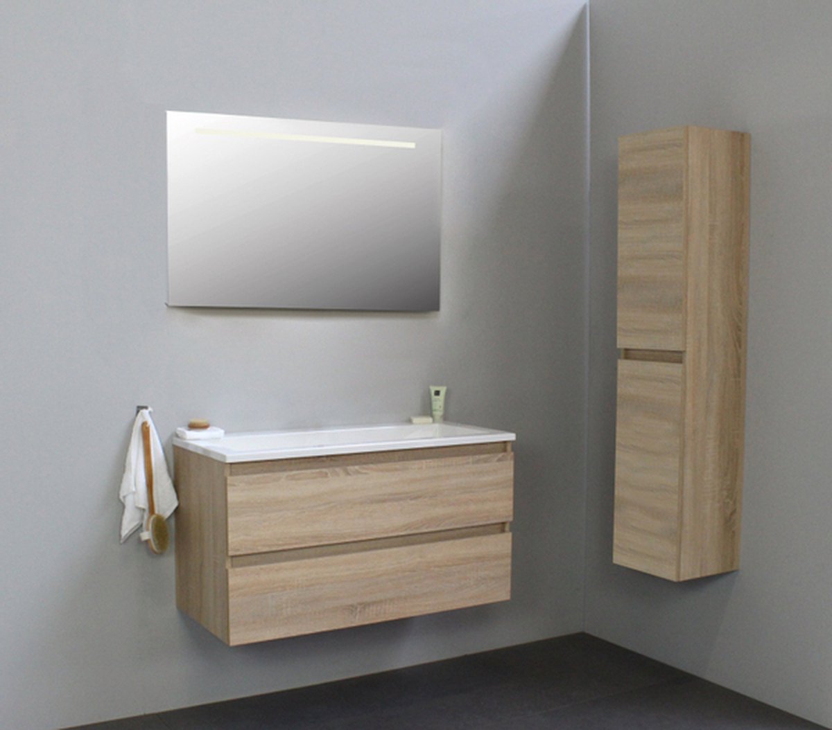 Adema Bella badmeubel met acryl wastafel zonder kraangat met spiegel met licht 100x55x46cm Eiken