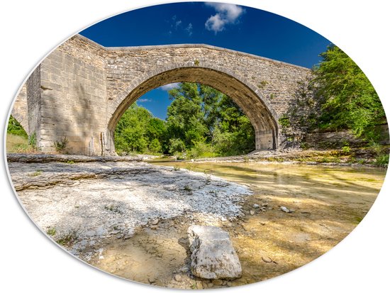 PVC Schuimplaat Ovaal - Oude Stenen Brug met Klassieke Bogen in Natuurlandschap - 56x42 cm Foto op Ovaal (Met Ophangsysteem)