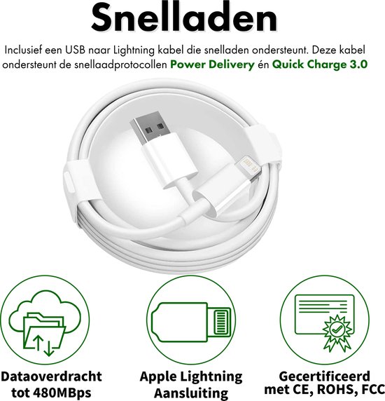 Phreeze PHR-AC54 Prise USB 12W avec 2 Portes + Câble Lightning USB - 1 Mètre - Câble Chargeur iPhone - Adaptateur pour Apple iPhone, Apple iPad, Apple Watch, Apple Airpods