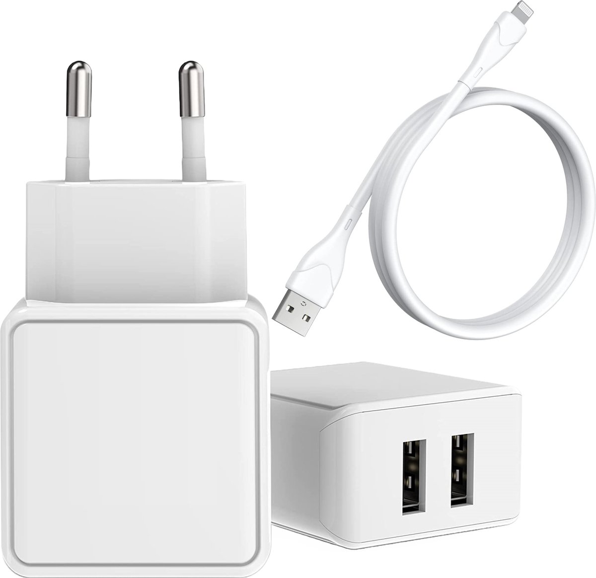 Usb adapter 2 Poorten + Oplaadkabel geschikt voor iPhone 14 /13 /12 / 11 / X / 8 / 7 / SE / - Usb-A naar Lightning Kabel - 2 Meter