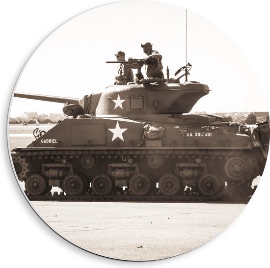 WallClassics - PVC Schuimplaat Muurcirkel - Tank uit het Leger in het Zwart Wit - 40x40 cm Foto op Muurcirkel (met ophangsysteem)
