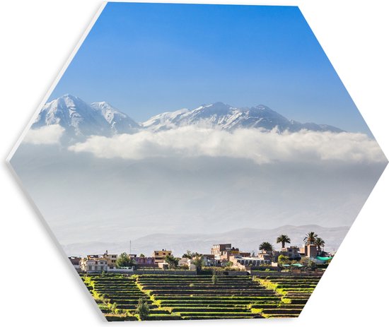 PVC Schuimplaat Hexagon - Klein Dorpje met Graanvelden aan de Rnad van Chachani Vulkaan in Peru - 30x26.1 cm Foto op Hexagon (Met Ophangsysteem)