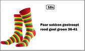 10x Paar sokken gestreept rood geel groen 36-41 - Thema feest party disco festival partyfeest carnaval optocht