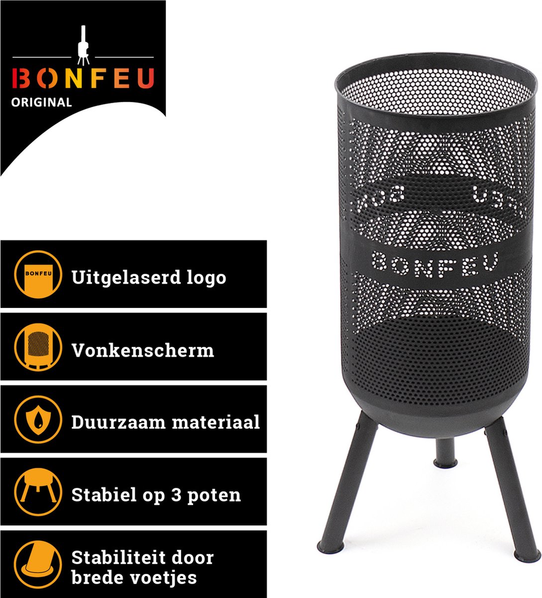 BonFeu BonVes Fire Basket 34 cm - With Grill Grate and Poker - Black