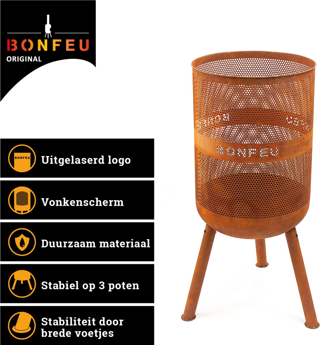 BonFeu BonVes Fire Basket 45 cm - With Grill Grate and Poker - Rust Brown