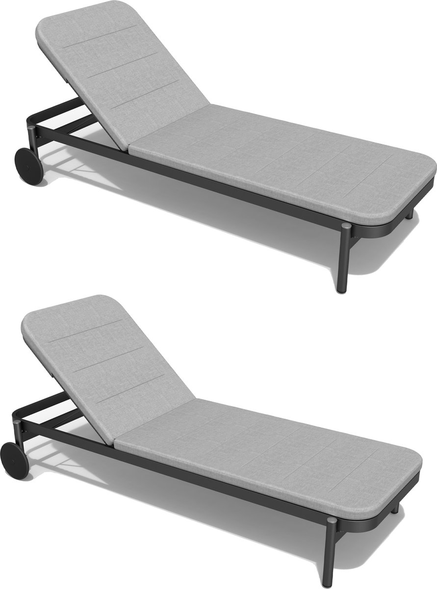 NATERIAL - Set van 2 ligstoelen ARENA - 2 x ligstoelen met verstelbare rugleuning - 198X82X90 cm - 5 posities - Met kussen - Met wielen - Aluminium - Polypropyleen - Donkergrijs