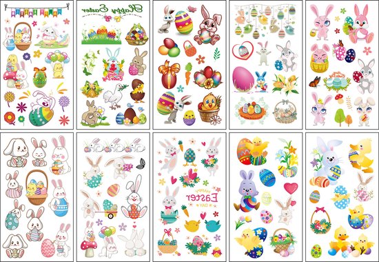Pasen neptattoo - Easter- Paasei – Paashaas- 75 stuks 10 vellen tatoeages- Carnaval- plak tattoo- tattoo sticker