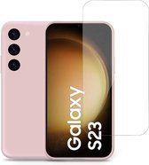 Geschikt voor Samsung S23 Hoesje + Screenprotector – Gehard Glas Cover - Suède Case Rose