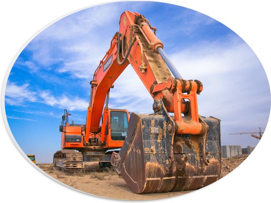 WallClassics - Plaque de Mousse PVC Ovale - Excavatrice Orange Vif sur Sable Plain - 28x21 cm Photo sur Ovale (Avec Système d'accrochage)