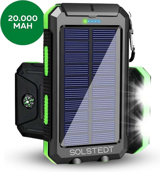 Solstedt powerbank 20000 mah charger - met solar panel functie op zonneenergie - 2x usb - snel & draadloos opladen - outdoor - iphone en samsung en apple - zwart en groen
