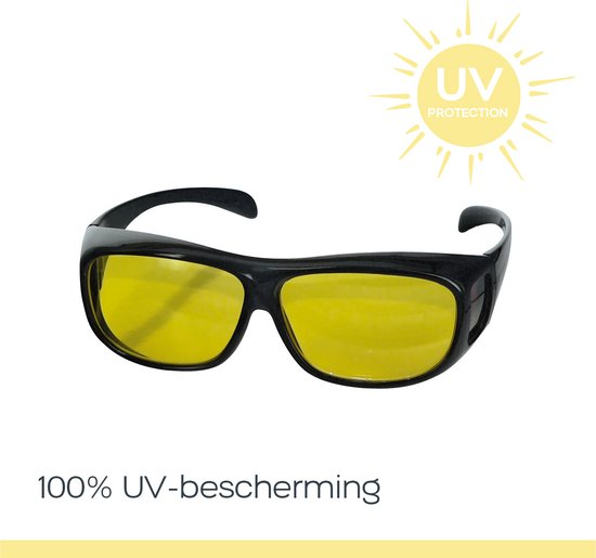 Zwarte bril met gele glazen, met een zon-icoon en de tekst 'UV Protection' en '100% UV-bescherming'.