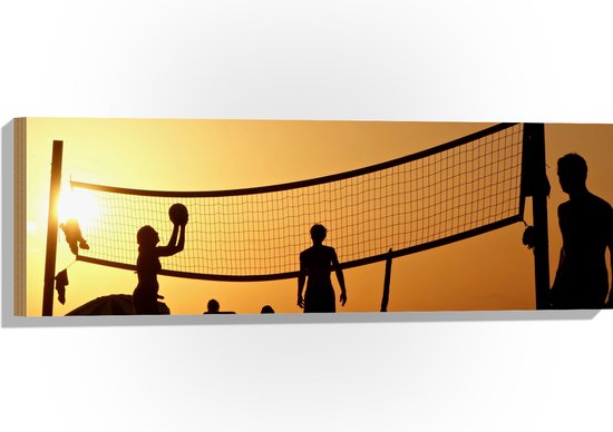 Hout - Silhouet van Gelukkig Familie op het Strand tijdens Volleybal - 90x30 cm - 9 mm dik - Foto op Hout (Met Ophangsysteem)