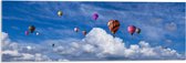 WallClassics - Acrylglas - Groepje Gekleurde Luchtballonnen bij Wolken in Blauwe Lucht - 90x30 cm Foto op Acrylglas (Wanddecoratie op Acrylaat)