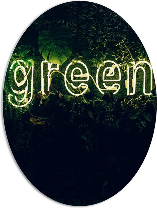 PVC Schuimplaat Ovaal - ''GREEN'' Neon Letters tussen Struiken - 72x96 cm Foto op Ovaal (Met Ophangsysteem)