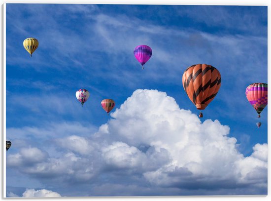WallClassics - Plaque de Mousse PVC - Groupe de Ballons Colorés avec des Nuages dans le Ciel Bleu - Photo 40x30 cm sur Plaque de Mousse PVC
