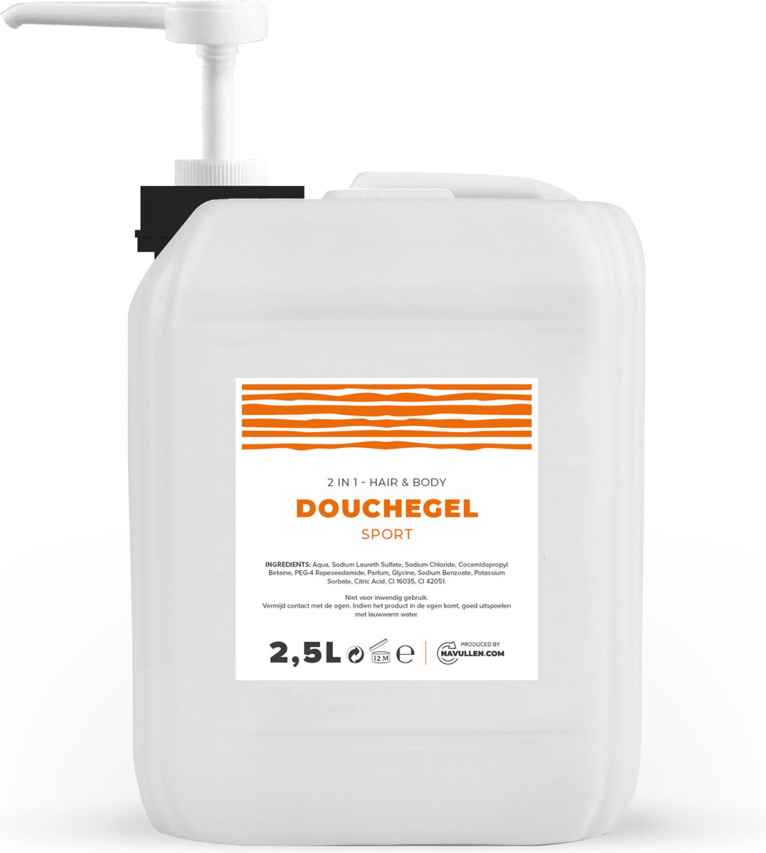 Douchegel - Sport - Oranje - 2,5 Liter - Jerrycan - Met pomp - Hair & Body - Navulling – Navullen