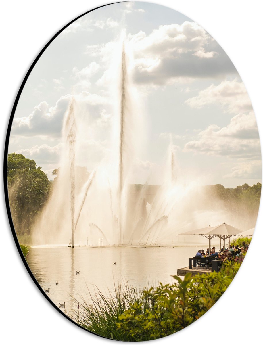 Dibond Ovaal - Waterfontein in een Meer - 21x28 cm Foto op Ovaal (Met Ophangsysteem)