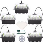 Kweekbakjes 5 stuks met 5 x 8 LED / groeilampjes, zaaitray, starter groei set, voor plantjes en zaden, extra hoge deksel