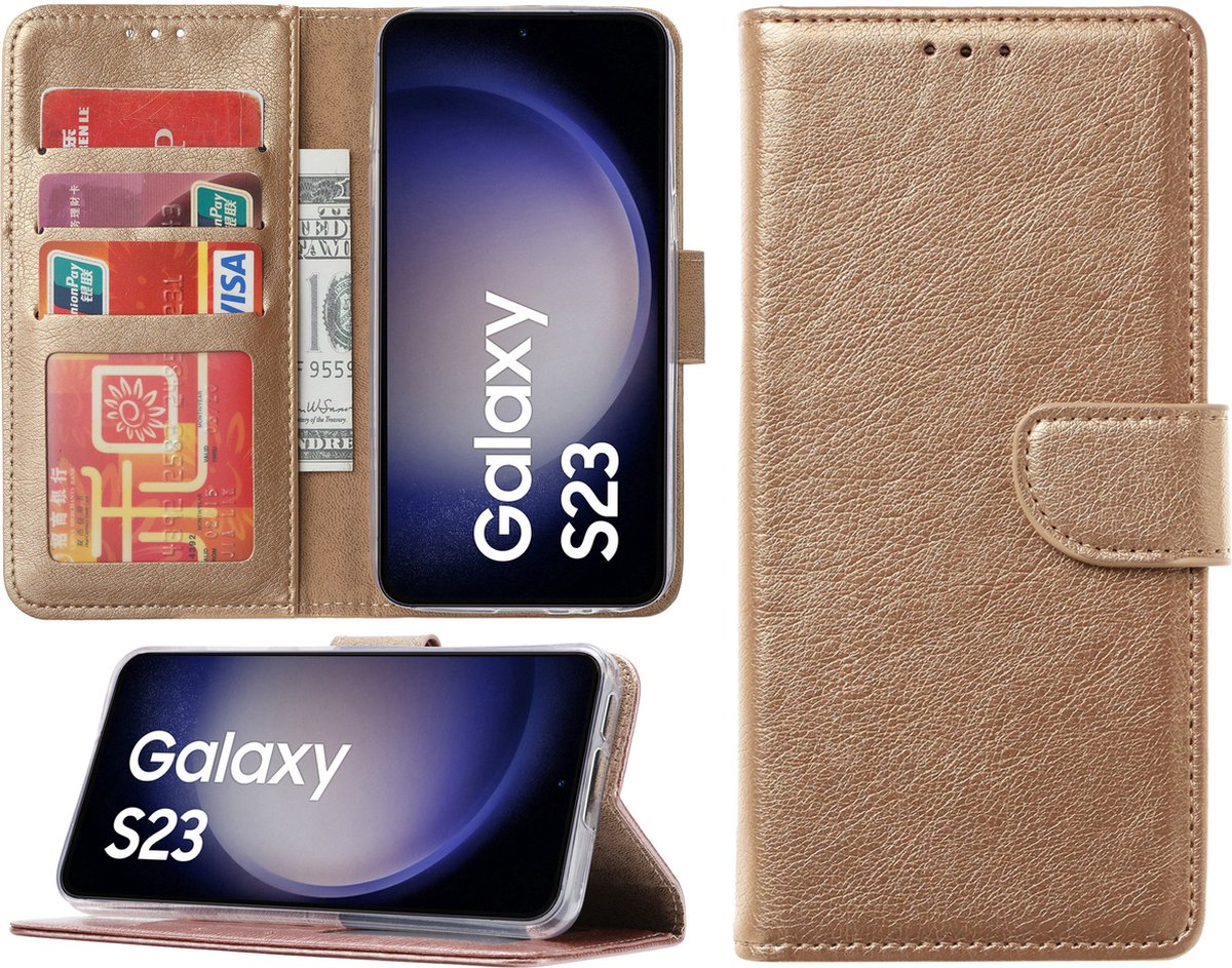 Samsung Galaxy S23 hoesje - Portemonnee Cover - Bookcase met pasjeshouder - Goud