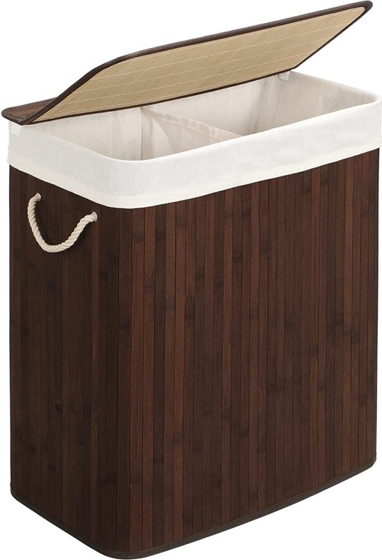 SONGMICS® Wassorteerder - Wasmand - Wasmand 3 Vakken - Wasmand Bamboe Met Deksel Wasmand Met Deksel Wasmanden Wasmand Zwart Was Organizer Wasmand Bamboe Wasmand 3 Vakken Wassorteerder