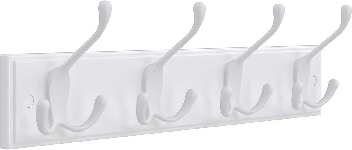 MAZAZU MIRA Home - Kapstok - Wandkapstok met 4 haken - Landelijk - Hout - Wit - 40x11x7 cm