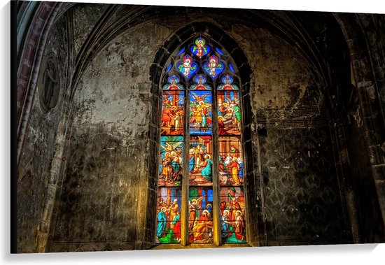 WallClassics - Canvas - Glas-in-lood Raam in de Notre-Dame Kerk - 120x80 cm Foto op Canvas Schilderij (Wanddecoratie op Canvas)