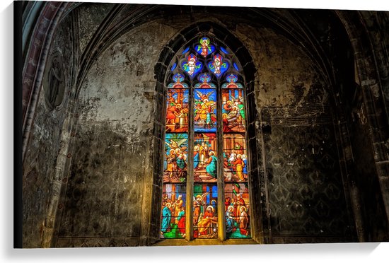 WallClassics - Canvas - Glas-in-lood Raam in de Notre-Dame Kerk - 90x60 cm Foto op Canvas Schilderij (Wanddecoratie op Canvas)