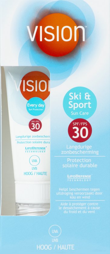 Vision Ski & Sport zonnebrandcrème SPF 30, verpakt met een kleinere tube.