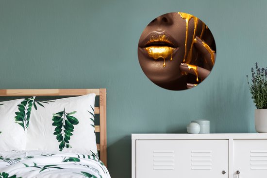 WallCircle - Stickers muraux - Cercle Papier Peint - Goud - Femme - Peinture - Lèvres - Luxe - 80x80 cm - Cercle Mural - Auto Adhésif - Sticker Papier Peint Rond