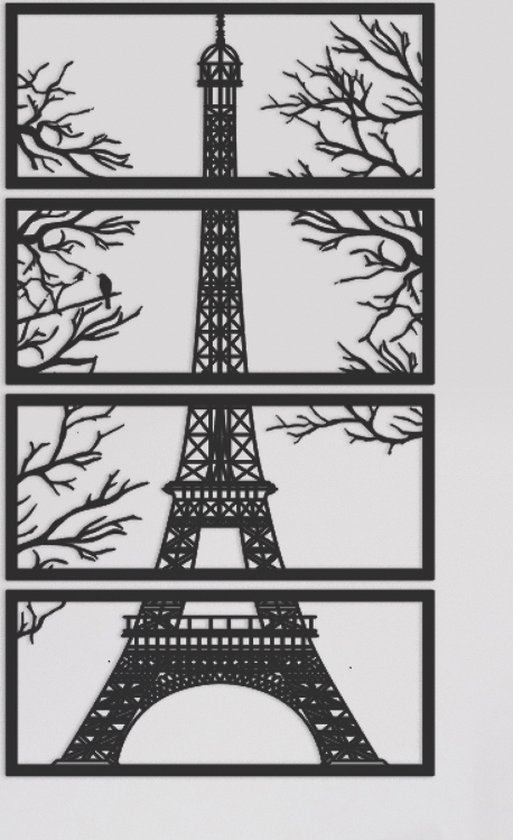 LSRDSGN - Eiffeltoren - Wanddecoratie - Parijs - Zwart- 80 x 44 cm - 4 luik