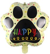 Folie ballon in de vorm van een dieren poot Happy geel zwart - hond - kat - poes - dier - dierenpoot - ballon - folieballon