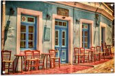 WallClassics - Tuinposter – Grieks Café - 90x60 cm Foto op Tuinposter (wanddecoratie voor buiten en binnen)