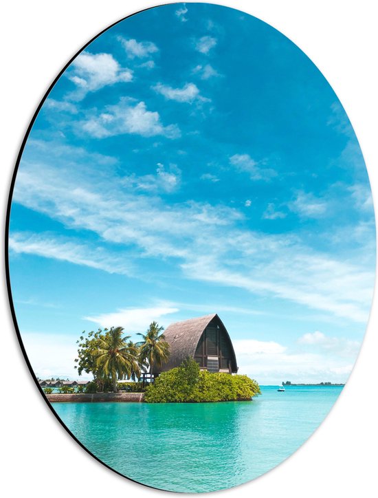 WallClassics - Dibond Ovaal - Hotel op het Water - Malediven - 30x40 cm Foto op Ovaal (Met Ophangsysteem)
