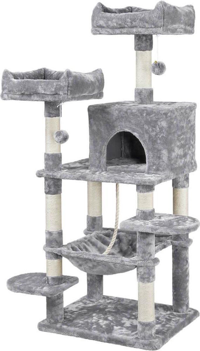Krabpaal 150 cm kattenkrabpaal met 2 behaaglijke uitzichtplatforms, sisal, kattenmeubel, klimboom voor grote katten, lichtgrijs HM-YAHEE-611193