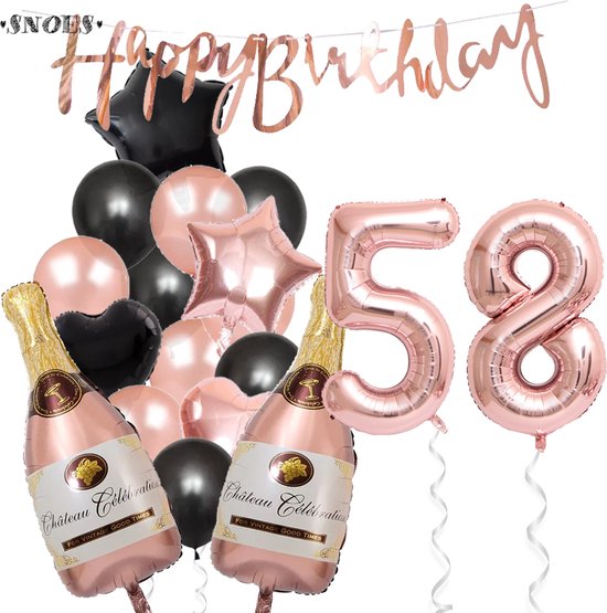 58 Jaar Verjaardag Cijferballon 58 - Feestpakket Snoes Ballonnen Pop The Bottles - Rose Zwart Versiering