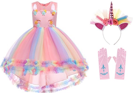 Unicorn jurk - Eenhoorn jurk - Prinsessenjurk meisje - maat 134/140 (140) Unicorn Haarband - Roze Jurk - Verkleedkleding Meisje