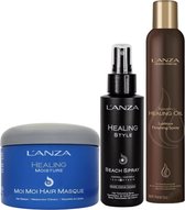 L'Anza Keratin Healing Oil Lustrous Finishing Spray 350ml & L'Anza Healing Style Beach Spray 100ml & L'Anza Healing Moisture Moi Moi Hair Masque 200ml