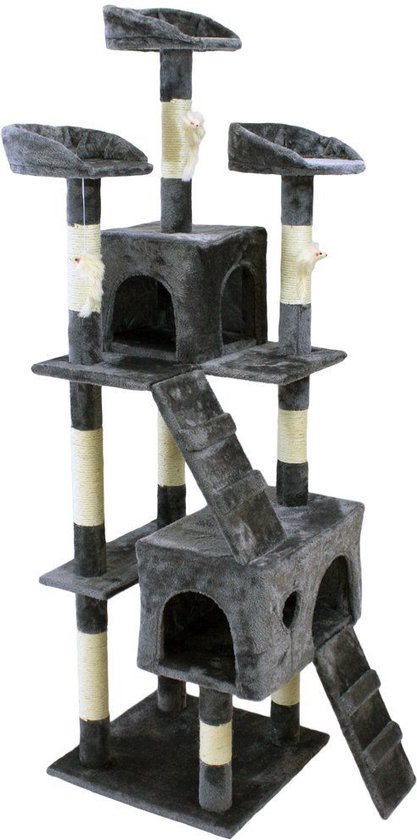 Arbre à chat gris à plusieurs niveaux, avec des maisons intégrées, des plateformes de couchage et des cordes à gratter.