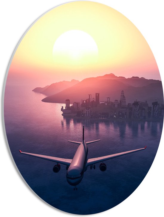 WallClassics - PVC Schuimplaat Ovaal - Vliegtuig met Zonsondergang boven de Zee - 30x40 cm Foto op Ovaal (Met Ophangsysteem)