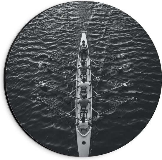WallClassics - Dibond Muurcirkel - Bovenaanzicht van Groeps Kano met Vijf Zeilers - 20x20 cm Foto op Aluminium Muurcirkel (met ophangsysteem)