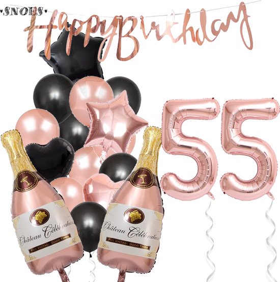55 Jaar Verjaardag Cijferballon 55 - Feestpakket Snoes Ballonnen Pop The Bottles - Rose Zwart Versiering