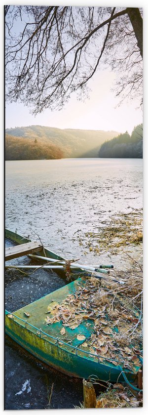 WallClassics - Dibond - Oude Blauwe Vissersboot Vastgeroest in Water bij Bos - 40x120 cm Foto op Aluminium (Wanddecoratie van metaal)