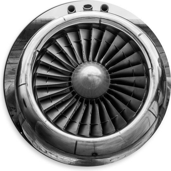 WallClassics - Dibond Muurcirkel - Vliegtuigmotor in het Zwart Wit - 30x30 cm Foto op Aluminium Muurcirkel (met ophangsysteem)