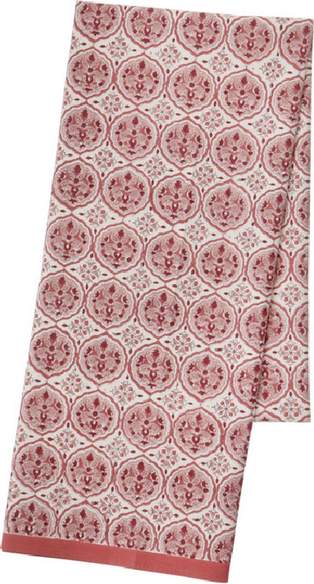 Bungalow Kamal Rose katoenen blokprint tafelkleed in gebroken wit, roze en donkerrood | 150 x 250 cm