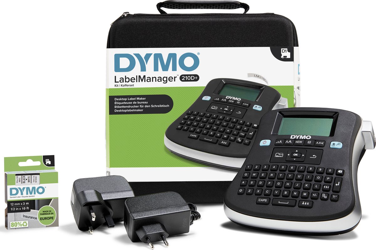 DYMO LabelManager 210D-labelprinterkit | Draagbare labelmaker met QWERTY-toetsenbord | met zwart-witte D1-labels van 12 mm en een draagkoffer - DYMO