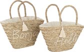 J-Line strandtas Bonjour/Hello Kwast - jute - naturel/wit - 2 stuks