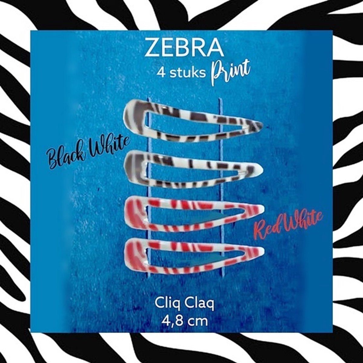 Haarknipjes / Haarspeldjes / Cliq Claq / Klik Klak - Coated Zebra print - 2x2st. Zwart Wit + 2x2st. Rood Wit - Set à 8 stuks (4 paar) - 48 x 13 mm - Kinderen - Casual