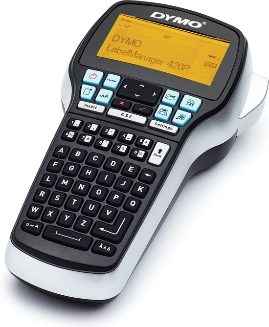 Dymo LabelManager 420P labelmaker met QWERTY-toetsenbord en een oranje scherm met de tekst 'DYMO LabelManager 420P'.